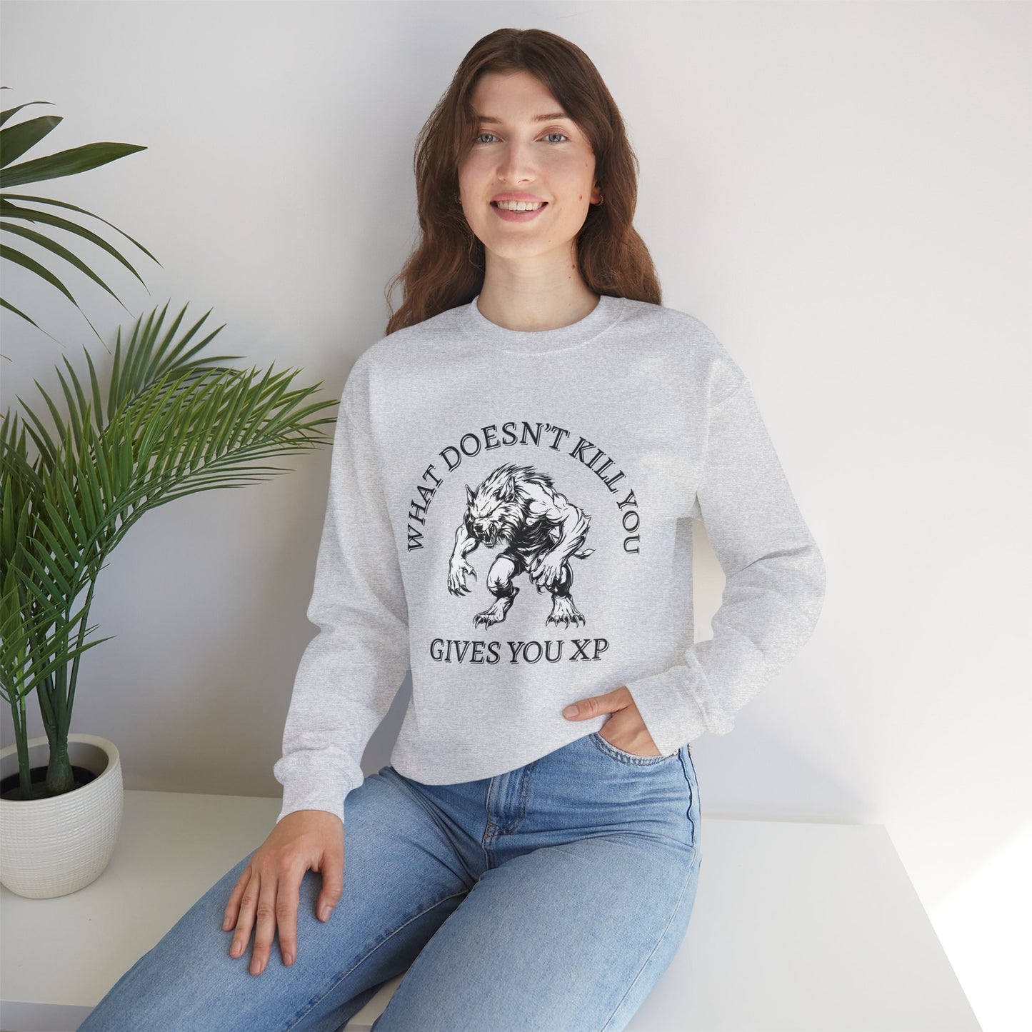 What Doesn't Kill You, Gives You XP - Light Text - Unisex Heavy Blend™ Crewneck Sweatshirt