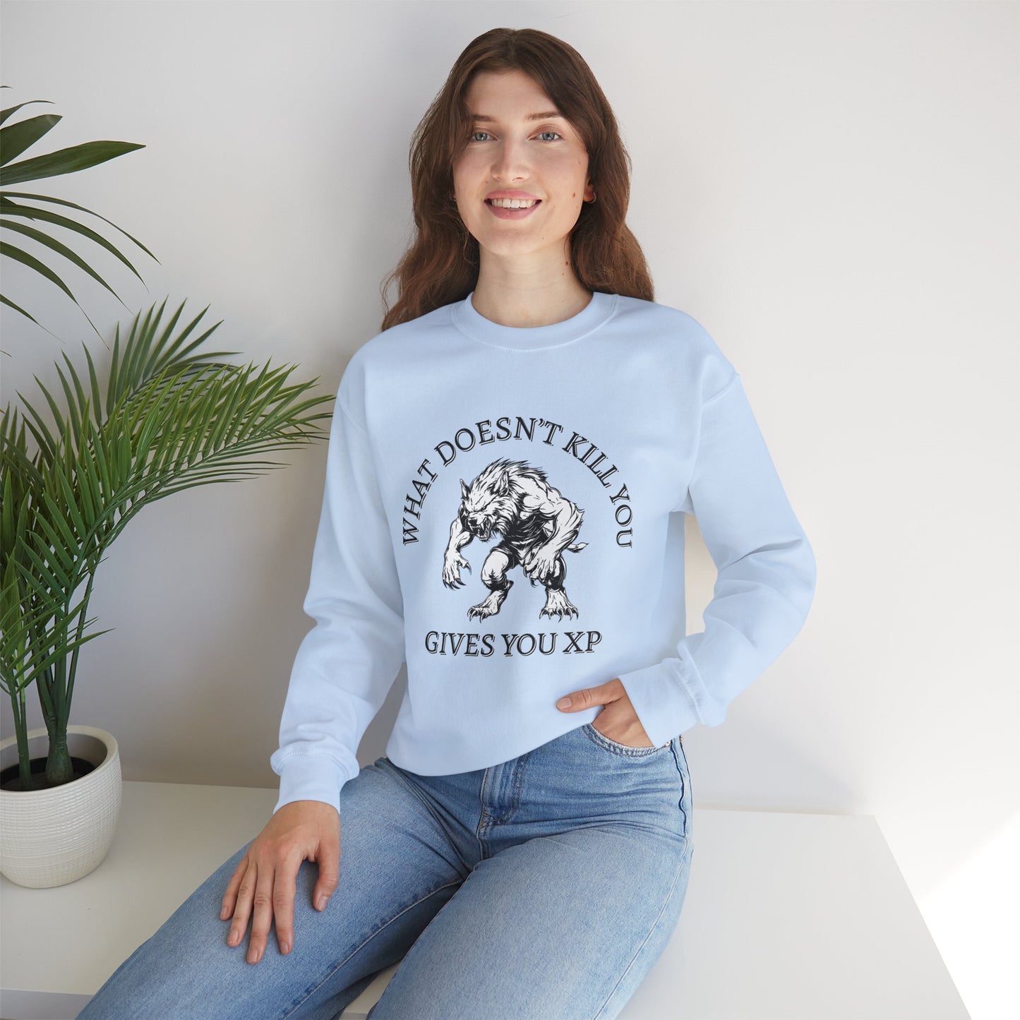 What Doesn't Kill You, Gives You XP - Light Text - Unisex Heavy Blend™ Crewneck Sweatshirt