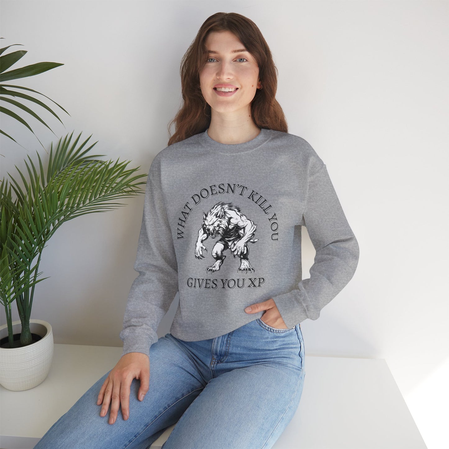 What Doesn't Kill You, Gives You XP - Light Text - Unisex Heavy Blend™ Crewneck Sweatshirt