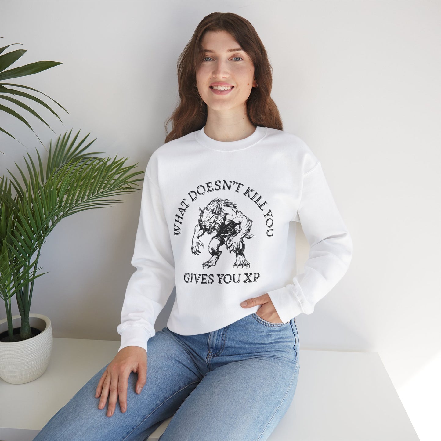 What Doesn't Kill You, Gives You XP - Light Text - Unisex Heavy Blend™ Crewneck Sweatshirt