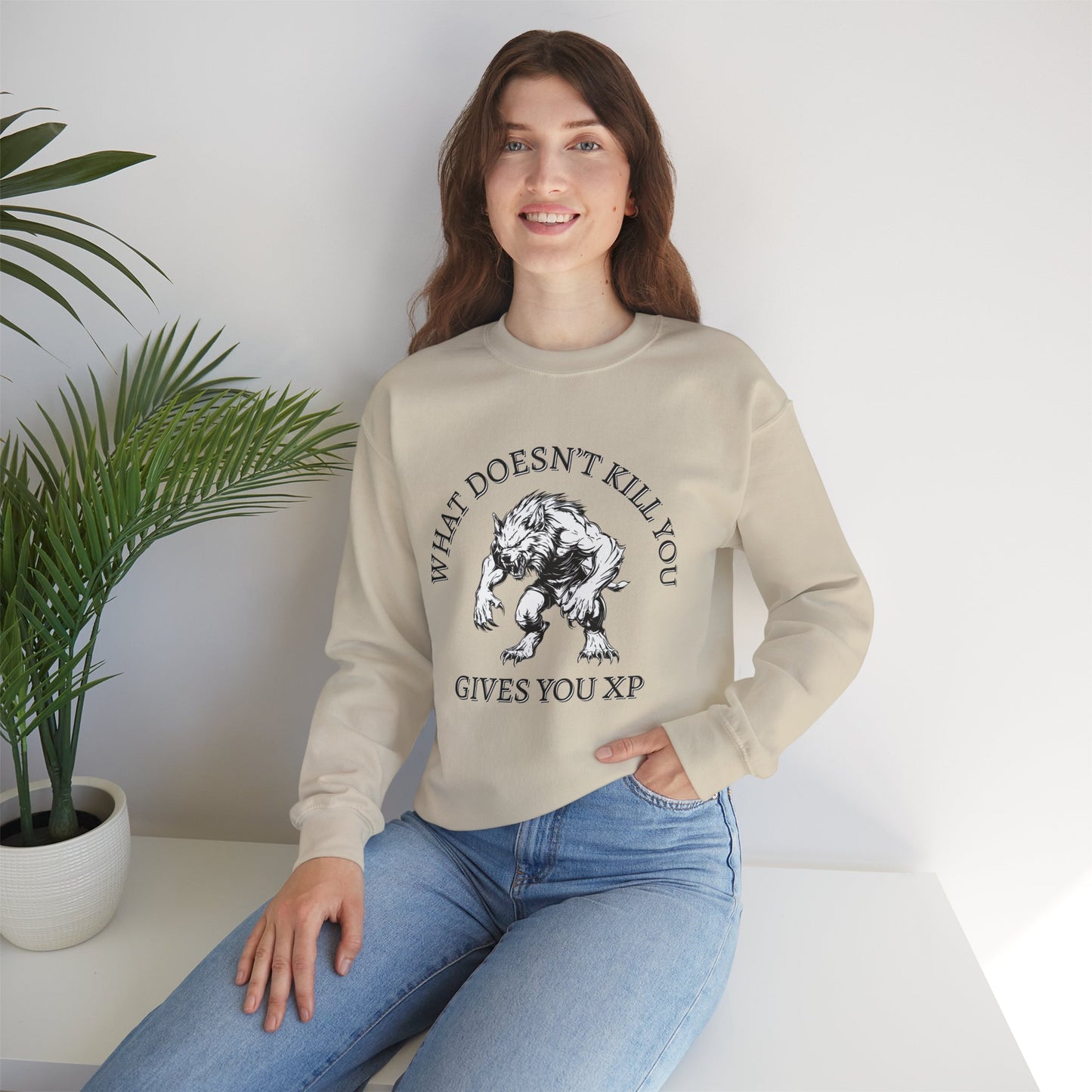 What Doesn't Kill You, Gives You XP - Light Text - Unisex Heavy Blend™ Crewneck Sweatshirt