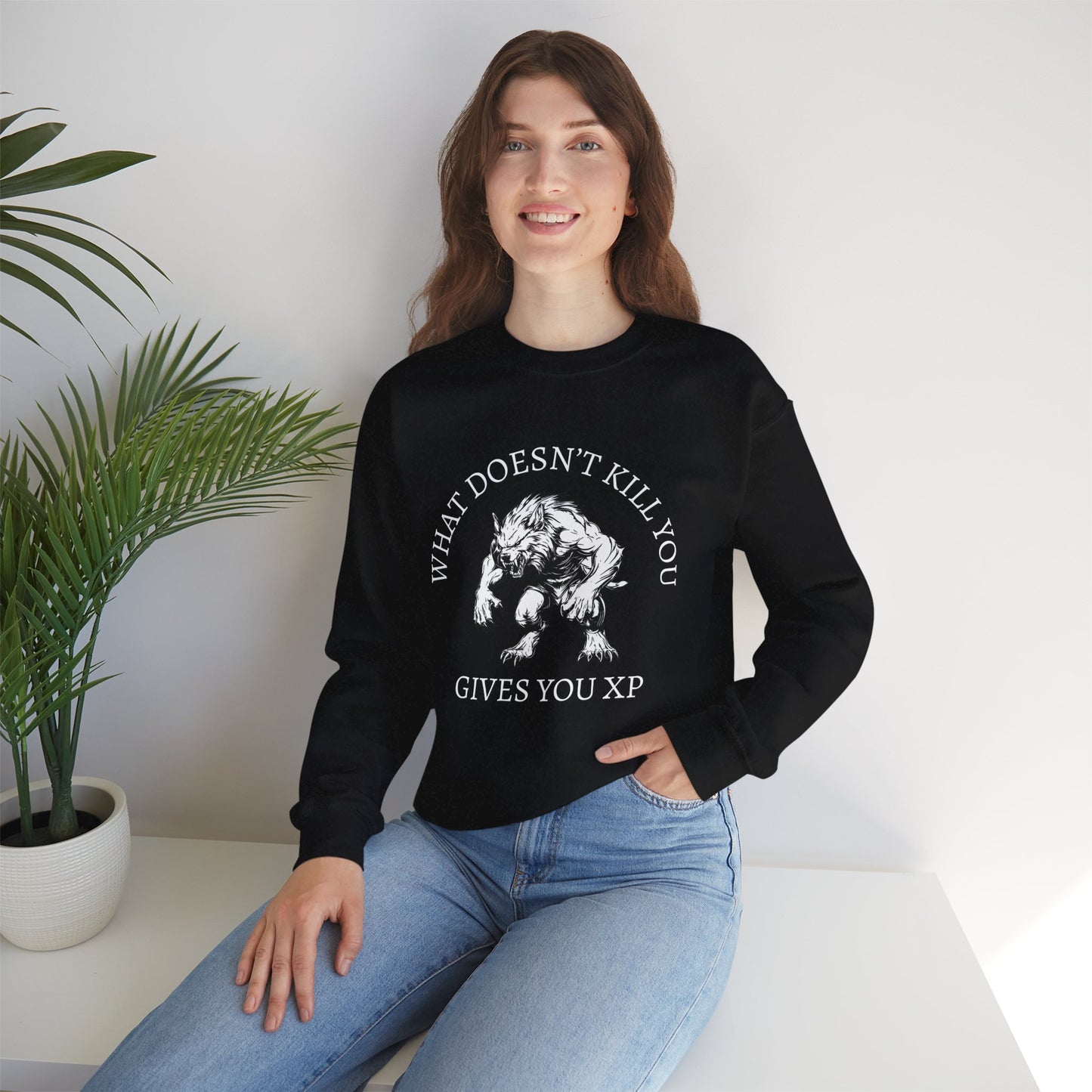 What Doesn't Kill You, Gives You XP - Light Text - Unisex Heavy Blend™ Crewneck Sweatshirt